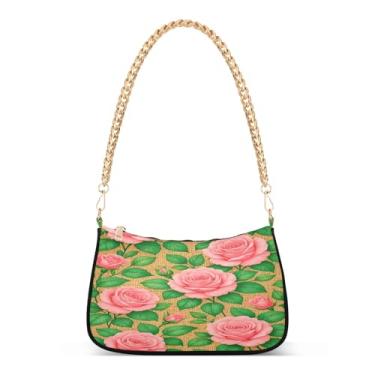 Imagem de Bolsa de ombro com corrente de flores rosas e folhas verdes, bolsa feminina Hobo com grande capacidade, bolsa clutch elegante para todos os dias ou à noite