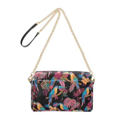 Imagem de Joitme Tropical Birds Bolsa feminina preta com folhas coloridas bolsa transversal para celular bolsa de ombro de couro PU alça de corrente