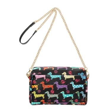 Imagem de Joitme Bolsa tiracolo feminina para celular bolsa de ombro de couro PU alça de corrente colorida dachshund divertida preta
