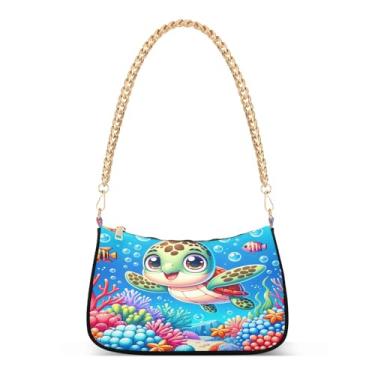 Imagem de Linda bolsa de ombro com corrente de tartaruga verde com estampa colorida para uso diário e festa