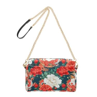 Imagem de Joitme Bolsa feminina transversal para celular linda dragão chinês vermelho peônias brancas bolsa de ombro de couro PU com alça de corrente