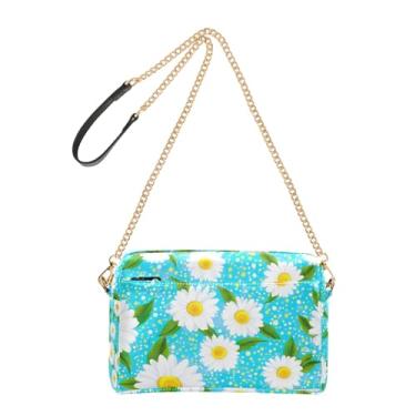 Imagem de Joitme Bolsa feminina transversal para telefone linda bolsa de ombro de couro PU alça de corrente margaridas branco verde azul claro