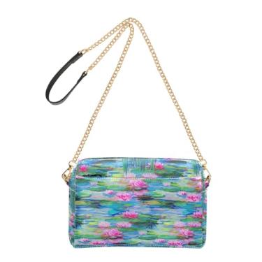 Imagem de Joitme Bolsa feminina transversal para celular linda bolsa de ombro de couro PU alça de corrente pintura verde nenúfares