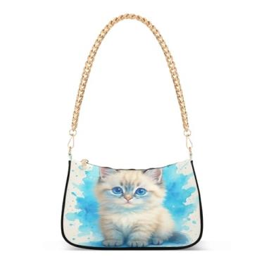 Imagem de Bolsa de ombro adorável gatinho branco azul, linda bolsa de mão Hobo média para mulheres, bolsa de mão moderna bolsa clutch