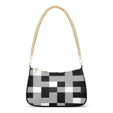 Imagem de Bolsa de ombro xadrez preta com listras brancas, bolsa feminina Hobo com grande capacidade, bolsa moderna para uso diário ou noite