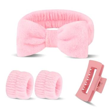 Imagem de WHAVEL Conjunto de 5 peças de faixa de cabeça e pulseira de spa com clipes de cabelo – prepare-se para lavar o rosto, cuidados com a pele, lavagem facial, faixa de cabelo e maquiagem