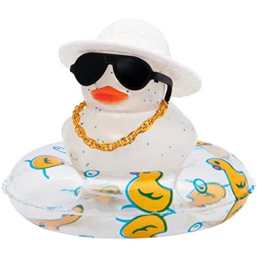 Imagem de Wonuu Patos de borracha brilhantes com óculos de sol de plástico, chapéu de colar de anel de natação, acessórios de carro fofos brilhantes, decorações de painel, rosa, corrente de palha-ouro