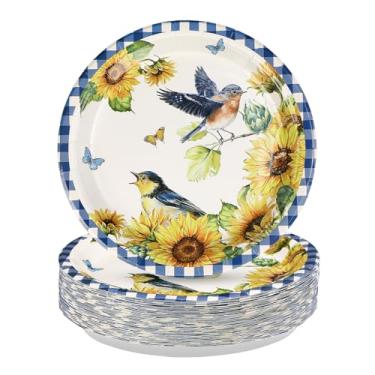 Imagem de Greencian 50 Pcs Sunflower Party Decorations 10" Plaid Bird Sunflower Dessert Plates Disposable Flower Decor for Girl Women Farmhouse Birthday Picnic Bridal Shower Indoor Outdoor Home Party Supplies