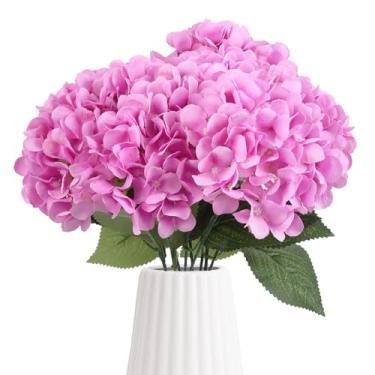 Imagem de IPOPU Flores artificiais de hortênsia de 48 cm, 2 peças de buquês grandes de hortênsias falsas de seda para decoração de casamento em casa, centros de mesa, arranjos florais (roxo claro)