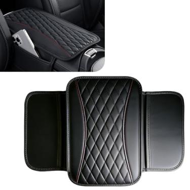 Imagem de SWQS Capa de console central de couro patchwork, capa de apoio de braço de carro atualizada com 2 sacos de armazenamento, capas universais de descanso de braço para carro, acessórios internos de