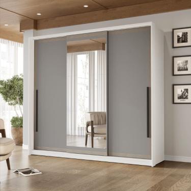 Imagem de Guarda Roupa Roupeiro 3 portas de correr 4 gavetas com Espelho Valência Branco Cinza Politorno Móveis