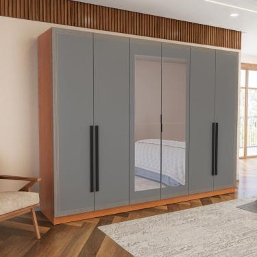 Imagem de Guarda Roupa Roupeiro 6 portas 4 gavetas com Espelho Valência Freijó Cinza Politorno Móveis