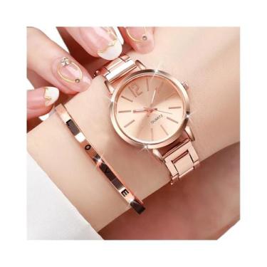 Imagem de Conjunto De Relógio De Pulso Feminino Com Pulseira De Aço Dourado E Re