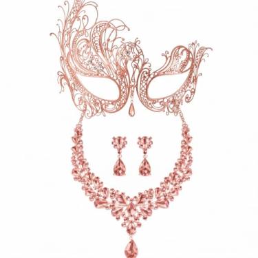 Imagem de Sratte O conjunto de máscaras inclui colar e brinco de máscara veneziana de Halloween para mulheres, acessório para festas de cosplay (rosa)