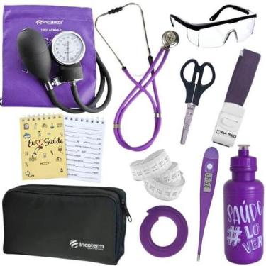 Imagem de Kit Enfermagem Estágio Aparelho Pressão Estetoscópio - INCOTERM, ROXO 