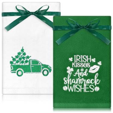 Imagem de Tiamon Pacote com 2 toalhas de mão de banheiro 75 x 35 cm toalhas decorativas bordadas de algodão com fitas para férias, cozinha, banheiro, limpeza de secagem (trevo de São Patrício)