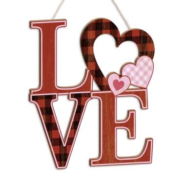 Imagem de Putuo Decor Sinal para pendurar amor em forma de coração de Dia dos Namorados, decoração de coração xadrez vermelho e rosa, decoração de parede MDF rústica para casa, escritório e sala de estar