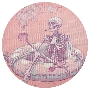 Imagem de xigua Jogo americano redondo de esqueleto engraçado de Halloween, conjunto de 6, tapete de mesa redondo antiderrapante resistente ao calor, tapetes de mesa de 48 cm para decoração de cozinha, jantar e