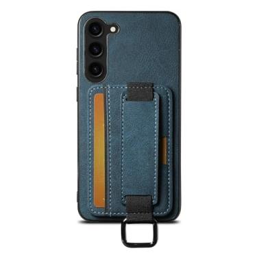Imagem de POYUFRG Capa fina para Samsung Galaxy S26 Ultra/S26 Plus, capa carteira de couro com padrão de lichia com alça de pulso Kickstand capa de telefone comercial, azul, S26 Plus