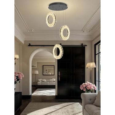 Imagem de Lustre de cristal LED moderno para iluminação decorativa de interiores, luminária pendente redonda dourada para cozinha, sala de jantar, hall de entrada e corredor, com controle remoto (Pret