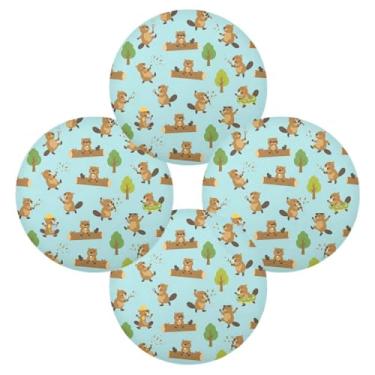 Imagem de Wassud Jogo americano conjunto de 4 tapetes redondos Happy Beavers para cozinha e jantar tapetes laváveis resistentes ao calor para decoração de mesa 39 cm