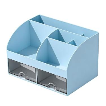 Imagem de Zerodis Organizador de Mesa Multifuncional, Caixa de Armazenamento de Lápis de Caneta de Maquiagem ABS Com 6 Compartimentos e 2 Gavetas Transparentes Adequadas para Escritório, Casa, (BLUE)