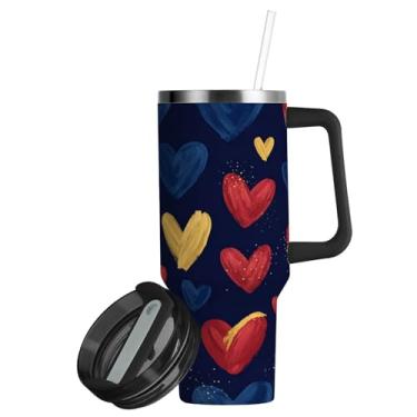 Imagem de ATTX Copo de coração azul cobalto de 850 g com alça, copo de aço inoxidável a vácuo de parede dupla com palha, caneca de café de viagem isolada #396