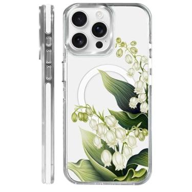 Imagem de Goodsprout Capa para iPhone 15 Pro Max, compatível com MagSafe. O silicone TPU transparente protege a capa de telefone de quedas, escorregões e impressões digitais. Flores verdes do sino de vento