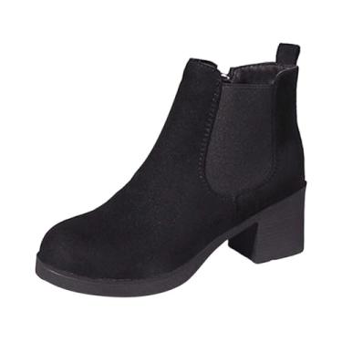 Imagem de Botas femininas modernas de camurça, bico redondo, salto grosso, botas curtas para o inverno, casuais e versáteis, Preto, 35