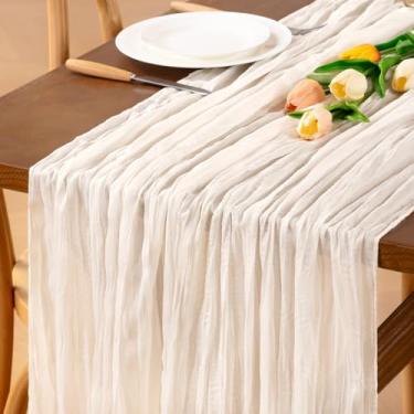 Imagem de Jimtx Caminho de mesa de gaze branco marfim 1 peça caminho de mesa boho gaze creme 55 × 30 cm decoração de mesa para primavera fazenda casamento festival chá de bebê festa de aniversário cerimônia