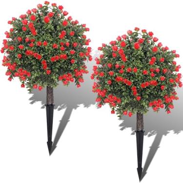 Imagem de IDMOP Bola de topiária de buxo artificial de 58 cm com lavanda, pacote com 2 arbustos falsos resistentes a UV com ponta de chão para decoração de jardim interno, varanda e pátio (vermelha)
