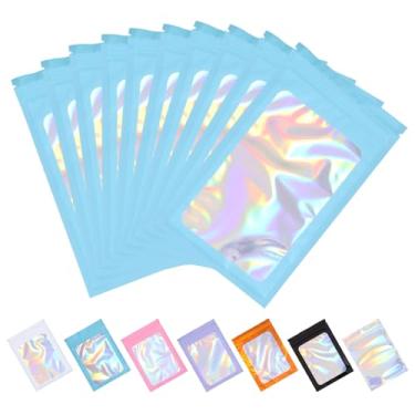 Imagem de Tiparts 100 sacos holográficos Mylar, sacos azuis resseláveis com janela frontal transparente para armazenamento de alimentos, joias, doces, embalagens para pequenas empresas