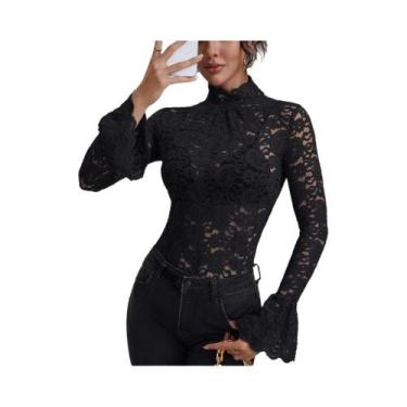 Imagem de Blusa Feminina Elegante De Renda Slim-fit Com Gola Alta, Manga Longa, 