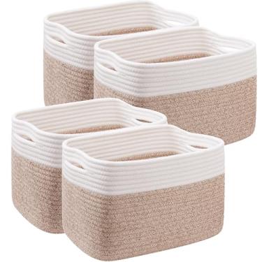 Imagem de MOJOSCEND Cestas de armazenamento para prateleiras, conjunto de 4 cestas de tecido para armário, caixa de brinquedo retangular para berçário de bebê 33 cm C x 21 cm L x 21 A marrom e branco