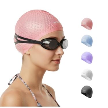 Imagem de KUKASEN Touca de natação de silicone para mulheres com cabelo comprido – Design antiderrapante 3D, touca de banho durável e resistente a rasgos à prova d'água para adultos (rosa)