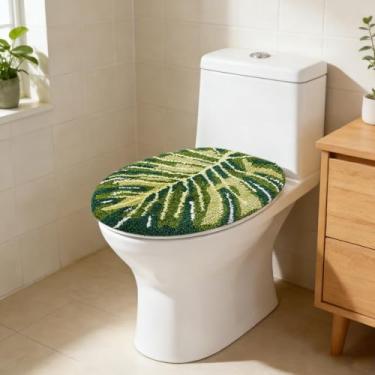 Imagem de FYSUIMU Tampa de vaso sanitário de folha de palmeira verde Monstera capa de assento de vaso sanitário com suporte de borracha ajustável para a maioria das tampas decoração de banheiro tropical de