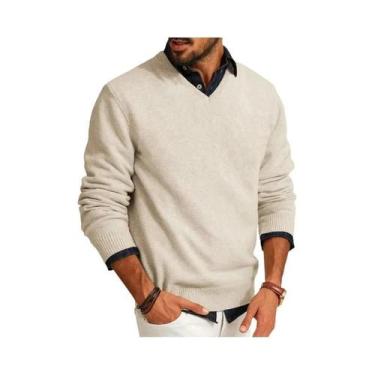 Imagem de Suéter Masculino De Lã Com Decote Em V, Ajuste Slim, Leve, Manga Longa