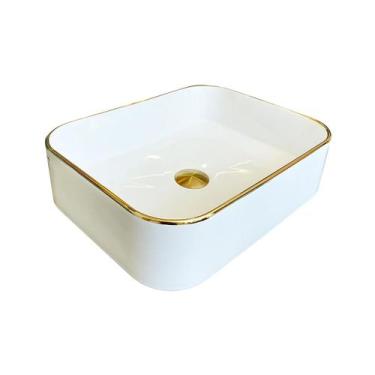 Imagem de Cuba para Banheiro Cerâmica Branca e Dourada Retangular 45cm Reno RC 9