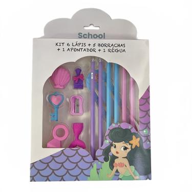Imagem de Kit Escolar Sereia School Basics com 6 Lápis 5 Borrachas Apontador e Régua