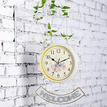 Imagem de U5GAAALPPQ9 Relógio de parede de jardim frente e verso retrô estilo mediterrâneo relógio de parede silencioso para decoração de casa relógio de parede de ferro forjado com suporte (C)