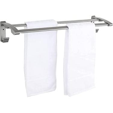Imagem de Toalheiro Toalheiro de banheiro duplo toalheiro de alumínio com 2 ganchos suporte de toalha de banheiro armazenamento de toalhas sem perfuração/instalação sem perfuração toalha de banheiro