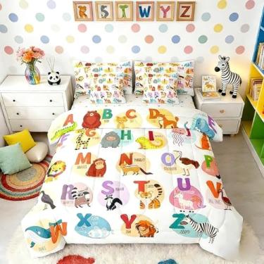 Imagem de Erosebridal Conjunto de edredom solteiro com alfabeto de aprendizagem | Jogo de cama infantil com desenho animado fofo do alfabeto inglês, 7 peças, estampa ABC, cama educativa infantil, oceano, 26