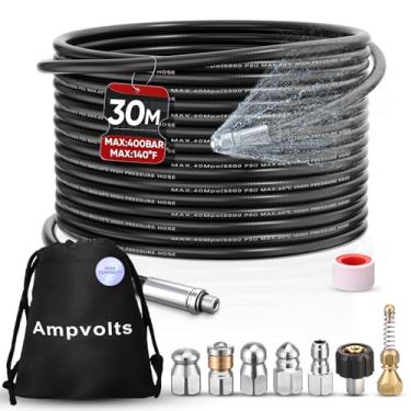 Imagem de Ampvolts Kit de jato de esgoto de 3 m para lavadora de pressão, mangueira de limpeza de drenagem de 5800 PSI com 5 bicos de jato e 2 adaptadores, compatível com pistolas de pulverização e lavadoras