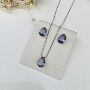 Imagem de Conjunto brinco com colar gota lilas acabamento prata - Mania de Mulhe
