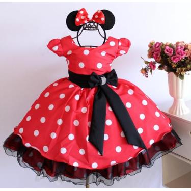 Imagem de Vestido Infantil De Festa Tematica Minnie Vermelho Póa Luxo E Tiara - 