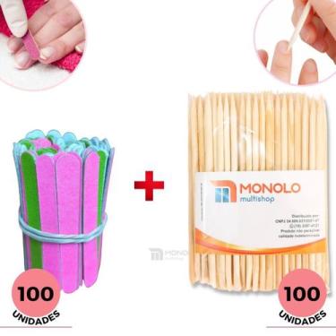 Imagem de Kit 100 Lixas de Unha Mini + 100 Palitos Manicure Pedicure Descartável
