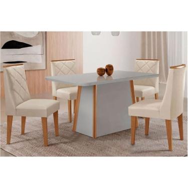 Imagem de Conjunto: Mesa Sala Jantar Tilia c/ Tampo Madeirado c/ Vidro Canto Curvo 120x80cm e 4 Cadeiras Pietá Naturale/Off White - Suede Creme - Rufato