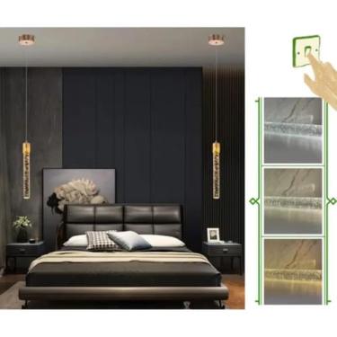 Imagem de kit com 2 Pendente Moderno lustre luminaria Led Tubo Cristal Bolhas Dourado Cabo 2m