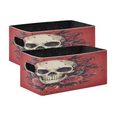 Imagem de xigua Conjunto de 2 caixas de armazenamento de caveira vintage, cubo de armazenamento dobrável, organizador de cestas de armazenamento para livros, prateleiras, armário, lavanderia, berçário
