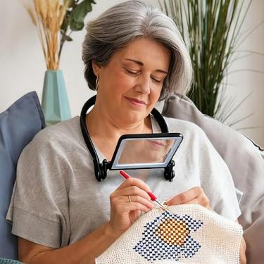 Imagem de Lupa com Luz LED 5X Mãos Livres Pescoço, 3 Cores Brilho Regulável Tela Grande, Recarregável para Idosos Baixa Visão